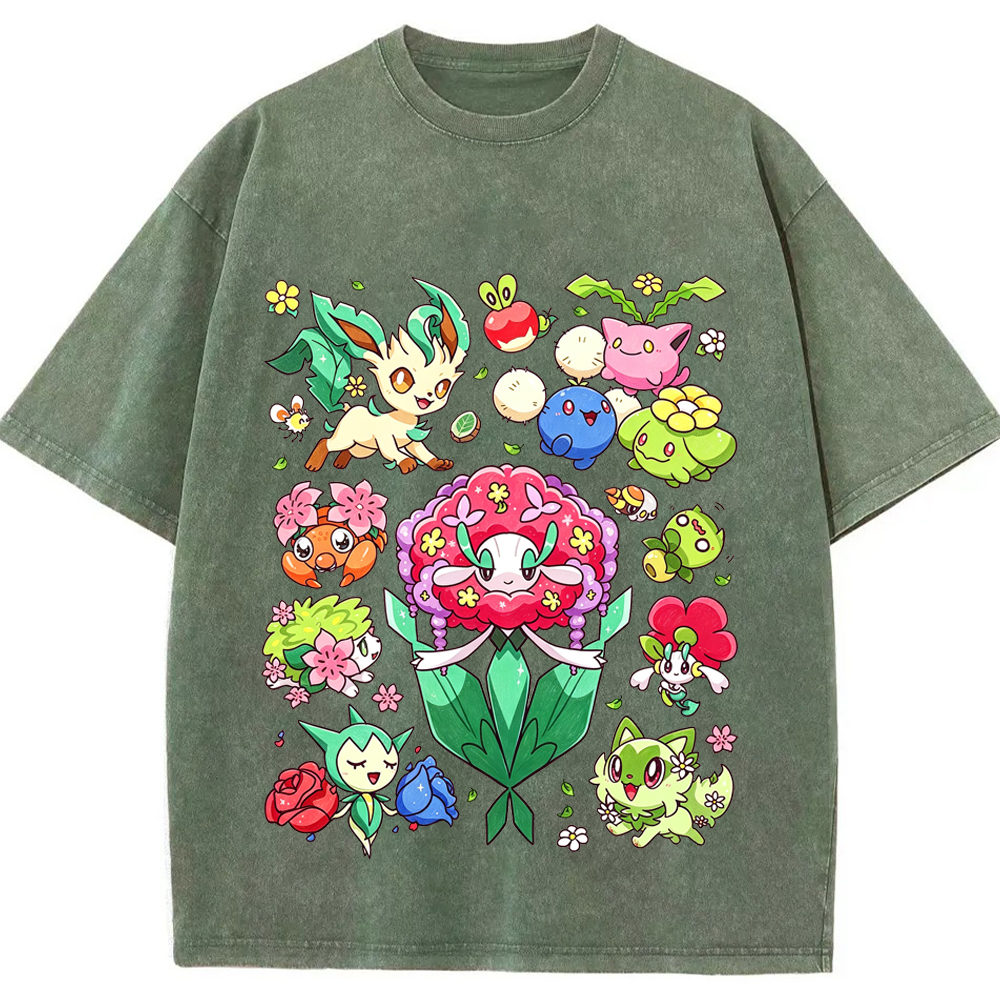 Floral Nature Vibe Grass Type Mix Cartoon Tee | Pokemon Anime