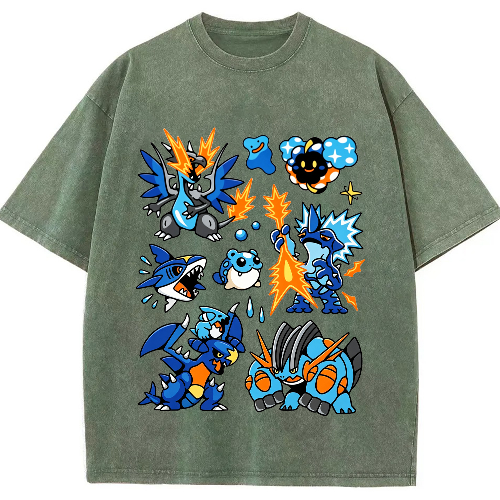 Blue Mega Charizard X & Water Type Squad Cartoon Tee | Pokemon Anime