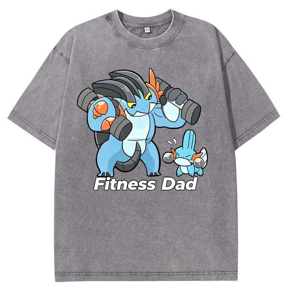 Fitness Dad Marshtomp Mudkip Gym Cartoon Vintage Washed T-Shirt
