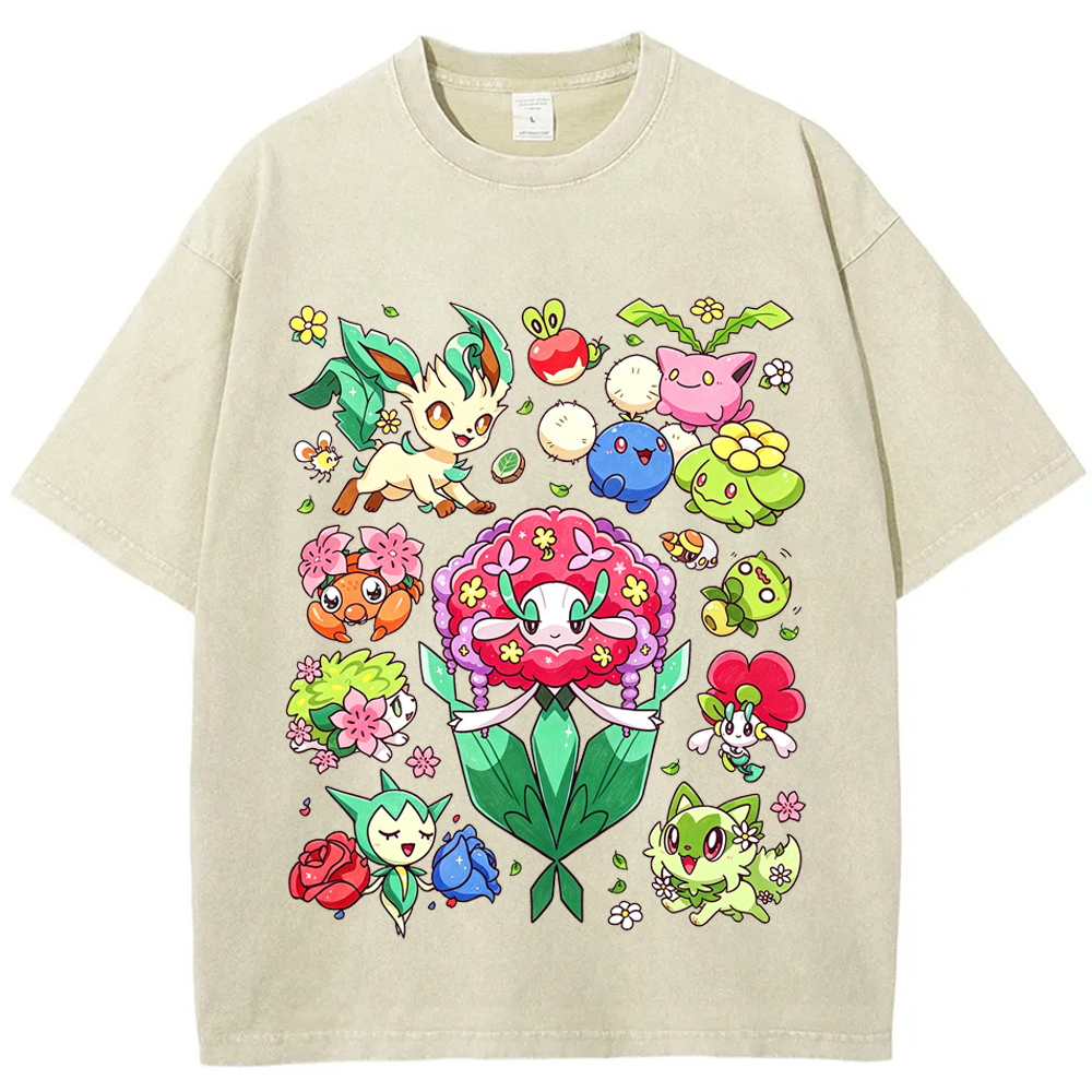 Floral Nature Vibe Grass Type Mix Cartoon Tee | Pokemon Anime