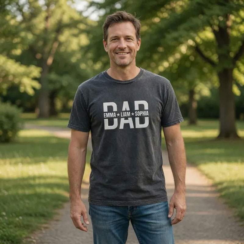 Custom Embroidered Dad Washed T-Shirt With Kids Names