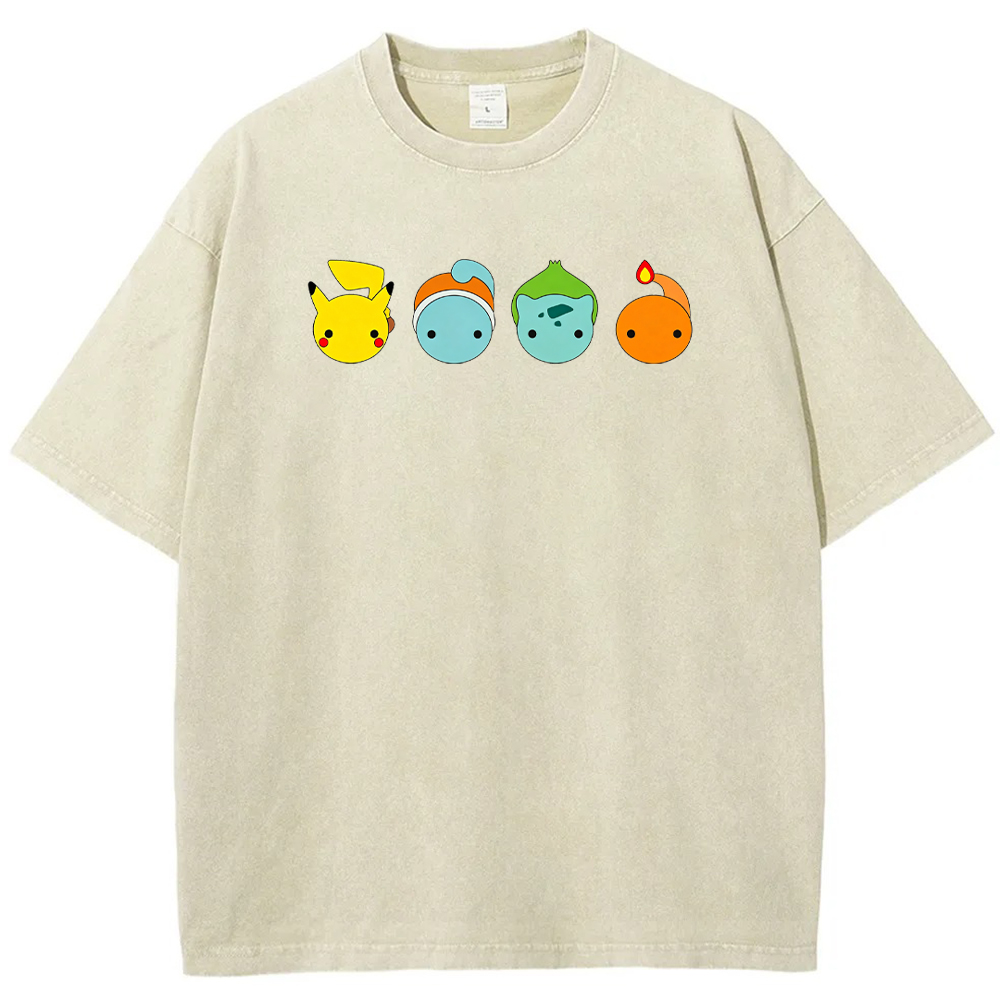 Minimal Four Starter Heads Cartoon Tee | Pokemon Anime