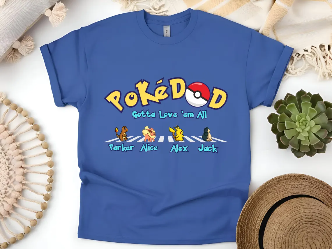 Custom Poke Dad Shirt, Personalized Kids Names, Father's Day Gift Tee