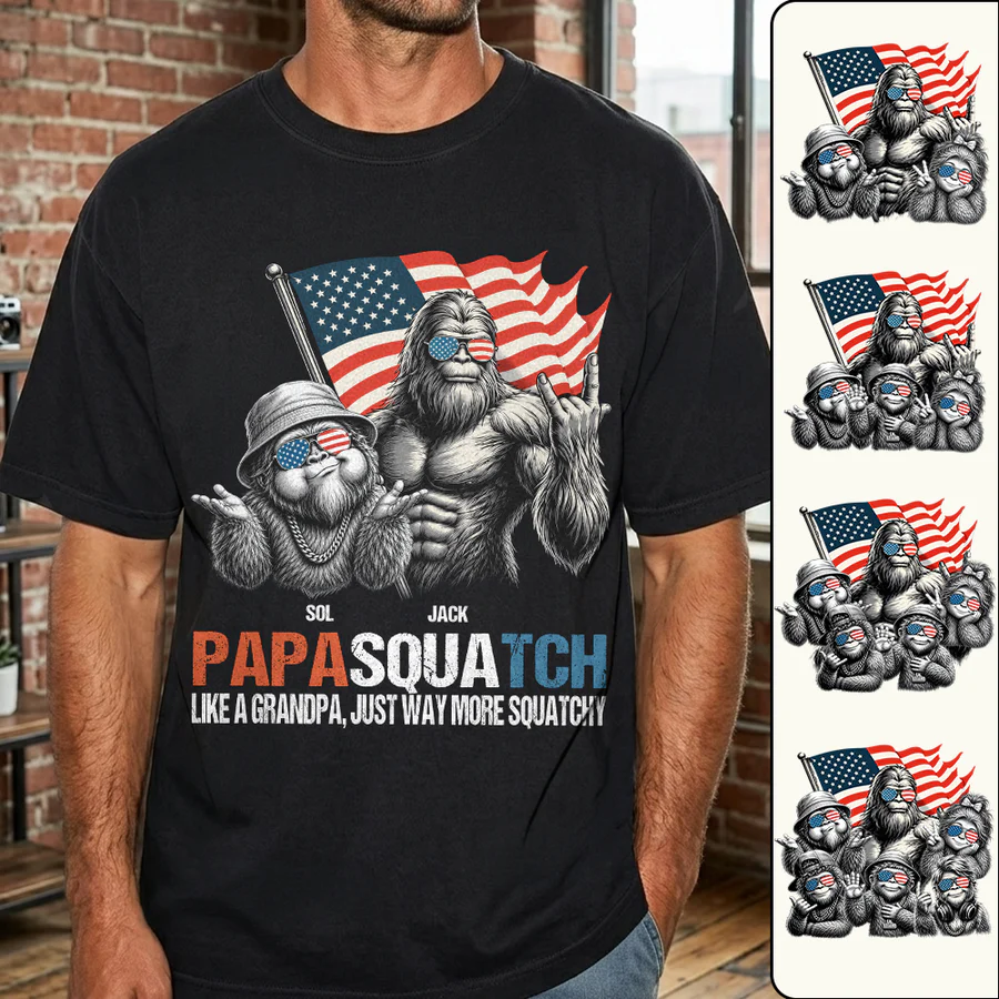 Personalized Papasquatch - Bigfoot Merica Rock American Flag T-Shirt