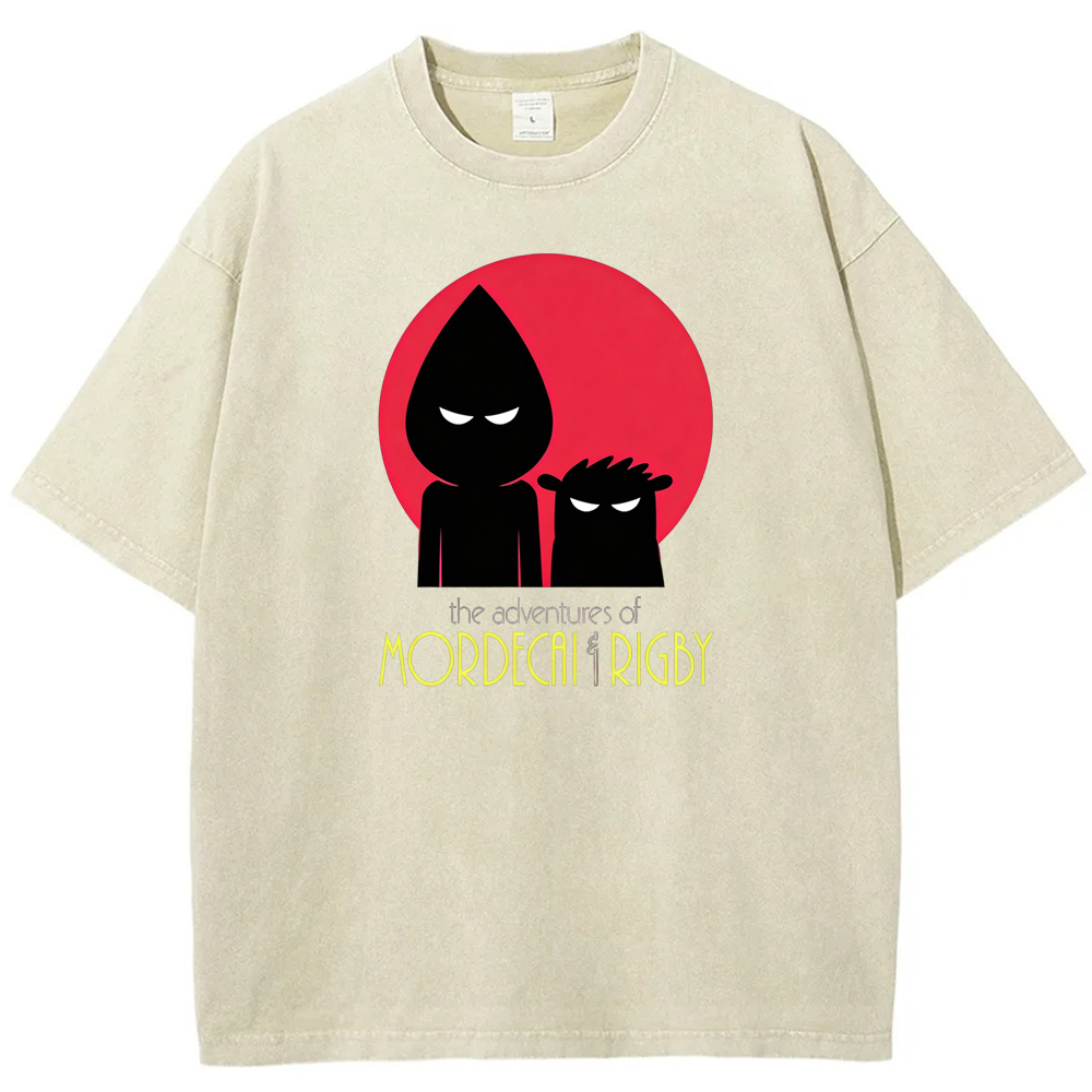 Ninja Silhouette Mordecai & Rigby Red Moon Background Cartoon Tee