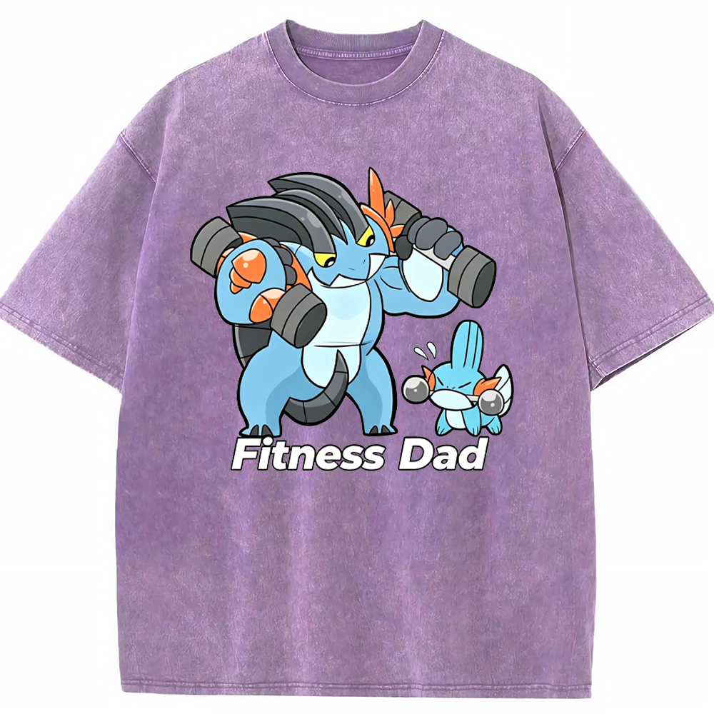 Fitness Dad Marshtomp Mudkip Gym Cartoon Vintage Washed T-Shirt