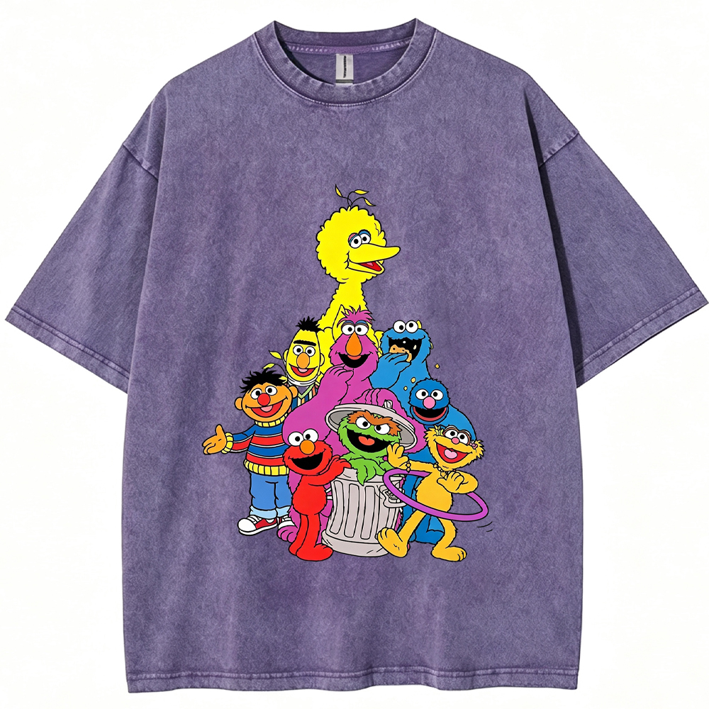 Group Portrait Sesame Street Crew Stacked Character Group Shot Cartoon Tee