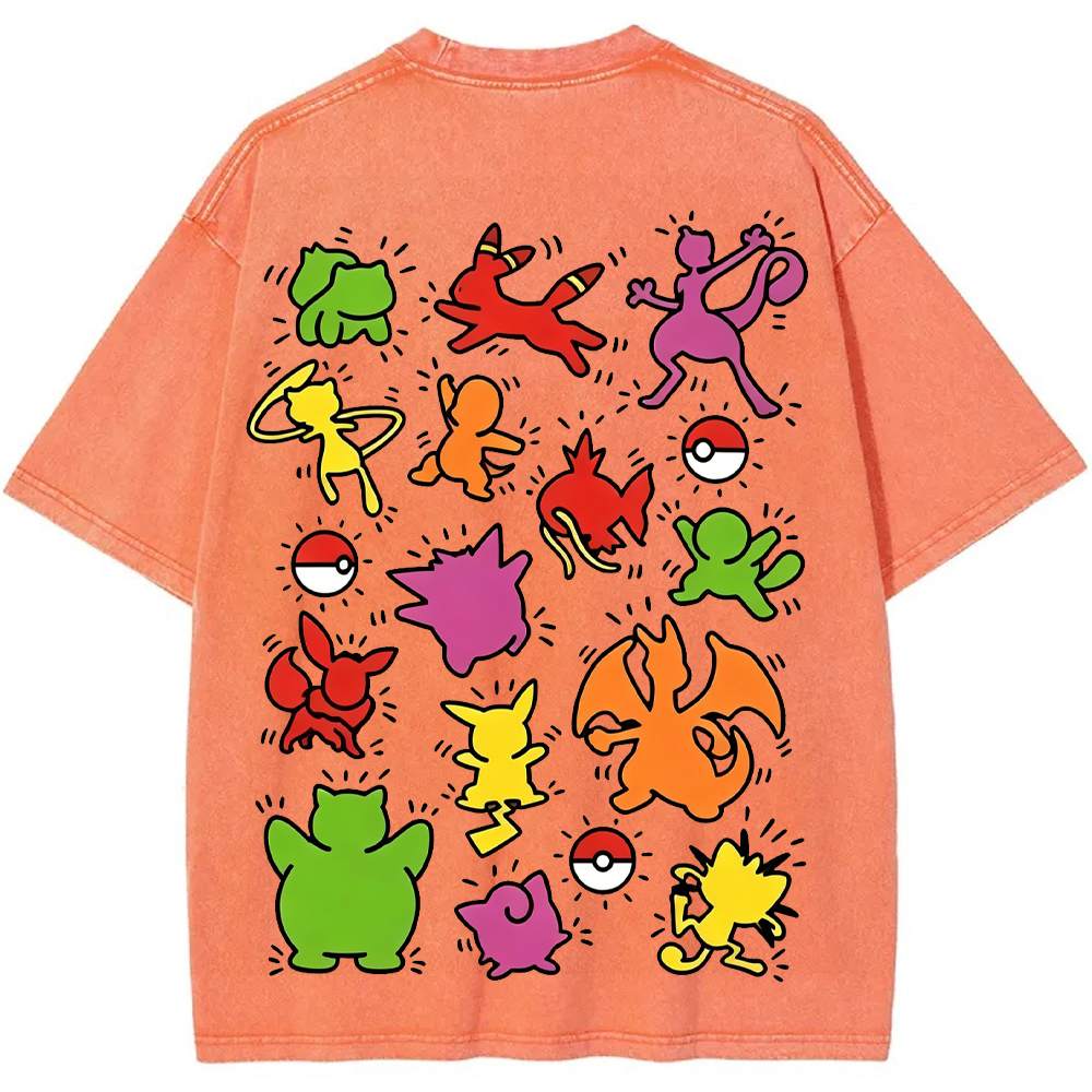 Multi Pokemon Silhouette Vintage Washed Back Print Tee | Pokemon Anime