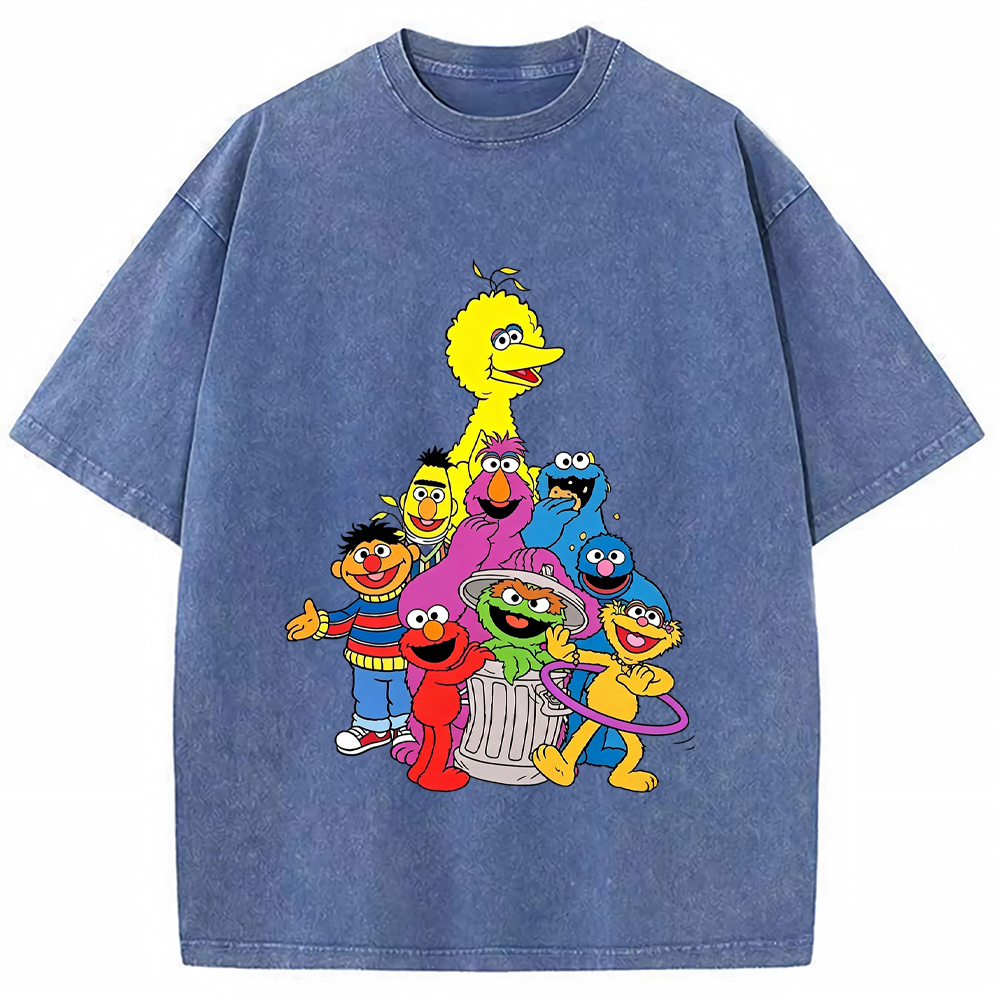 Group Portrait Sesame Street Crew Stacked Character Group Shot Cartoon Tee