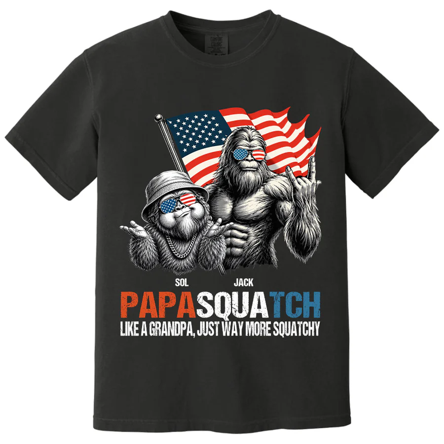Personalized Papasquatch - Bigfoot Merica Rock American Flag T-Shirt
