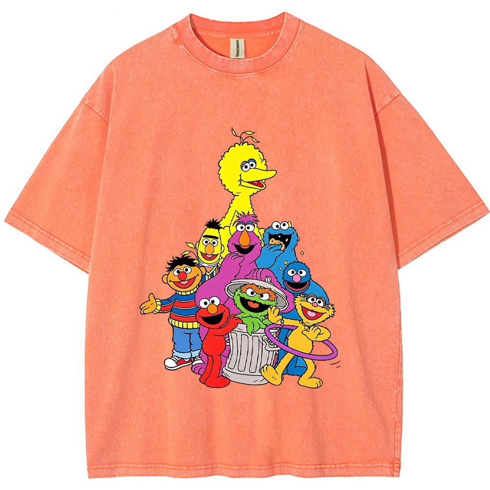 Group Portrait Sesame Street Crew Stacked Character Group Shot Cartoon Tee