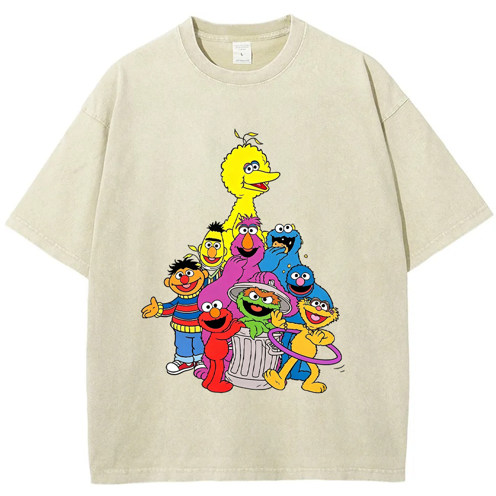 Group Portrait Sesame Street Crew Stacked Character Group Shot Cartoon Tee