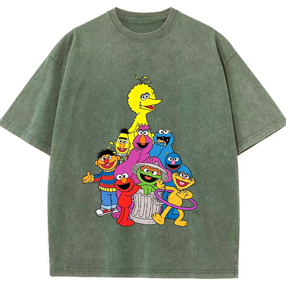Group Portrait Sesame Street Crew Stacked Character Group Shot Cartoon Tee