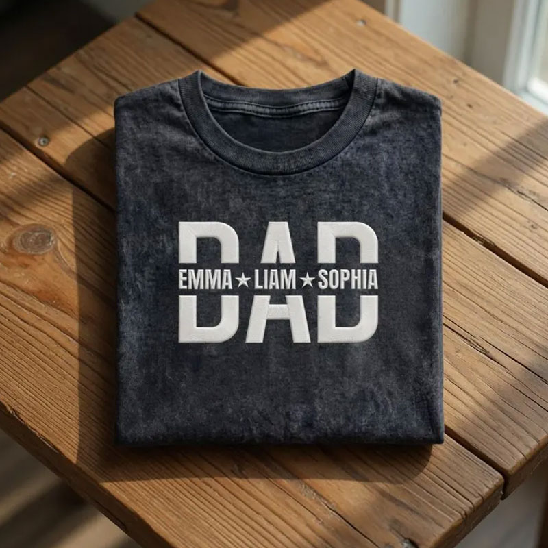 Custom Embroidered Dad Washed T-Shirt With Kids Names