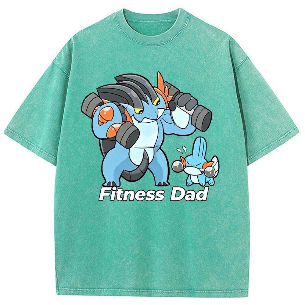 Fitness Dad Marshtomp Mudkip Gym Cartoon Vintage Washed T-Shirt