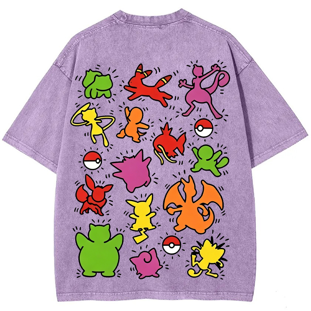 Multi Pokemon Silhouette Vintage Washed Back Print Tee | Pokemon Anime