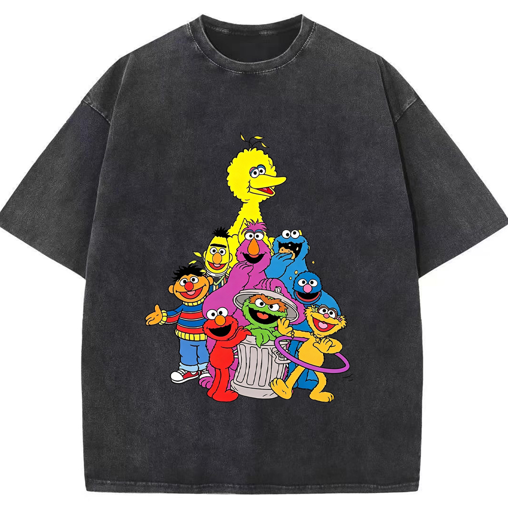 Group Portrait Sesame Street Crew Stacked Character Group Shot Cartoon Tee