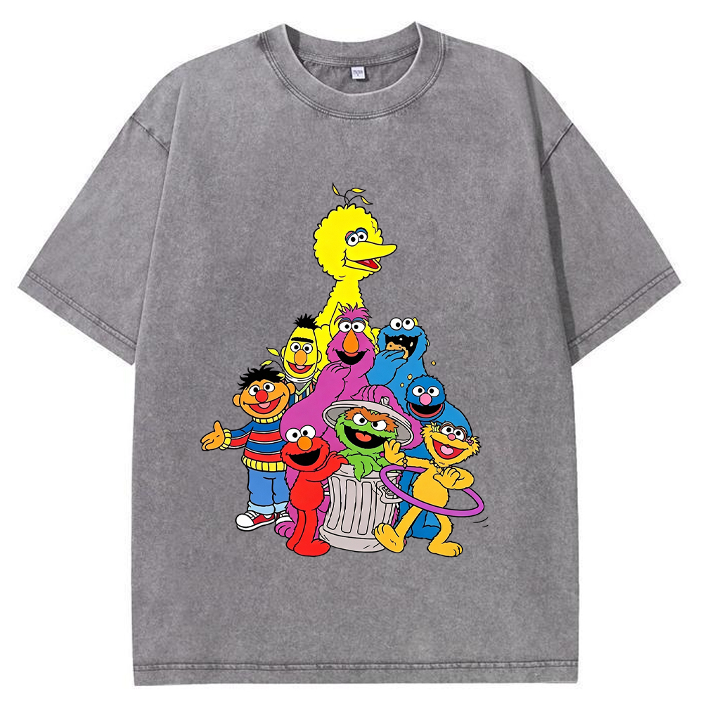 Group Portrait Sesame Street Crew Stacked Character Group Shot Cartoon Tee