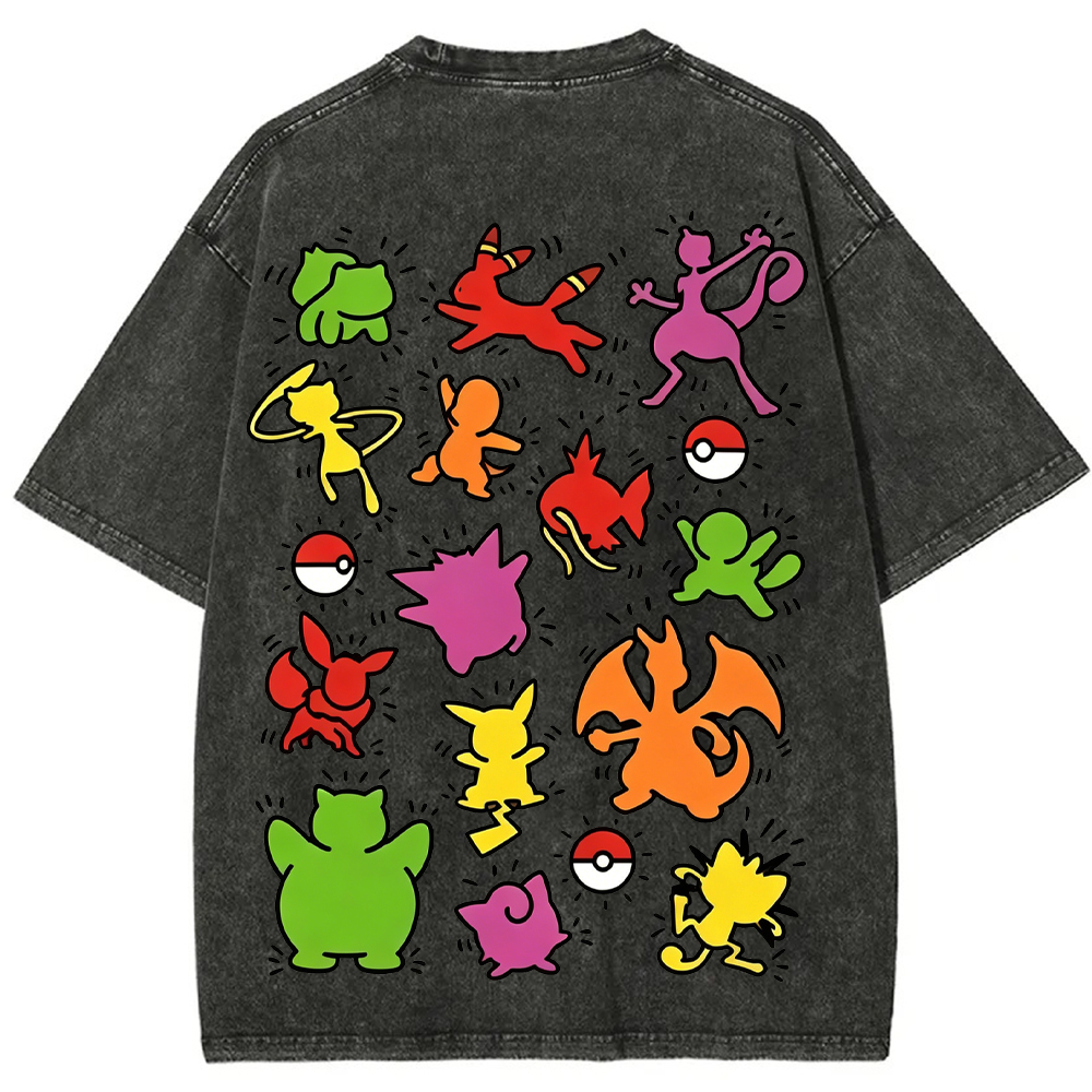 Multi Pokemon Silhouette Vintage Washed Back Print Tee | Pokemon Anime