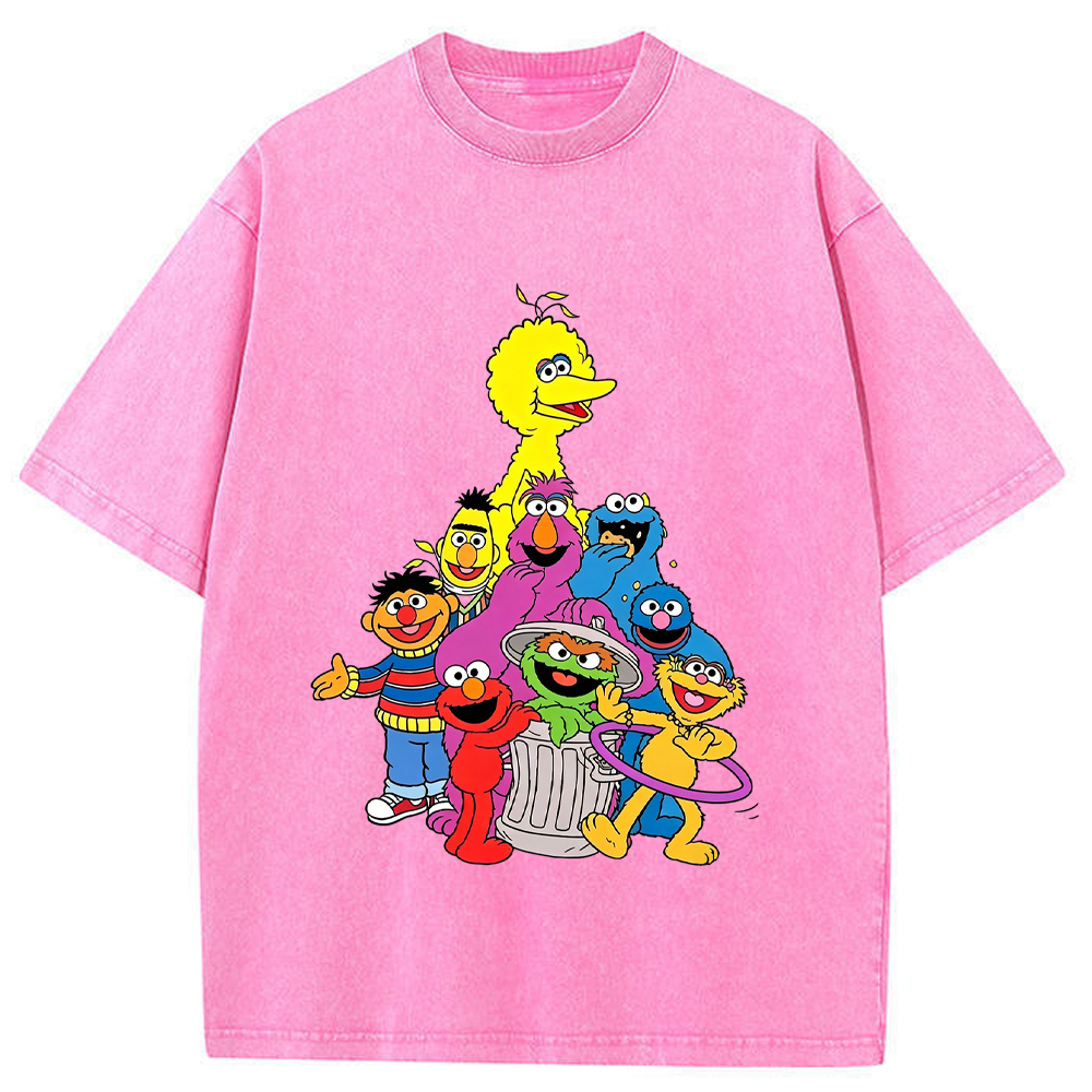 Group Portrait Sesame Street Crew Stacked Character Group Shot Cartoon Tee
