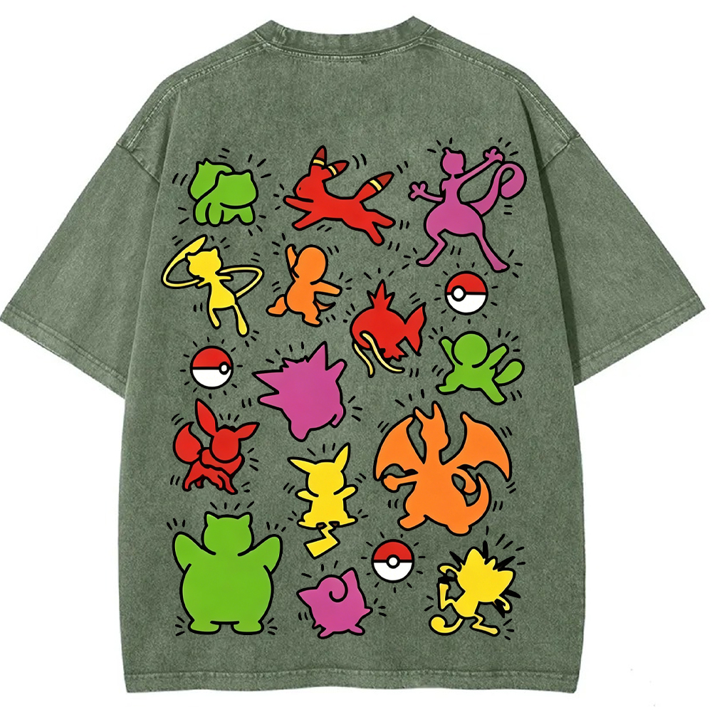 Multi Pokemon Silhouette Vintage Washed Back Print Tee | Pokemon Anime