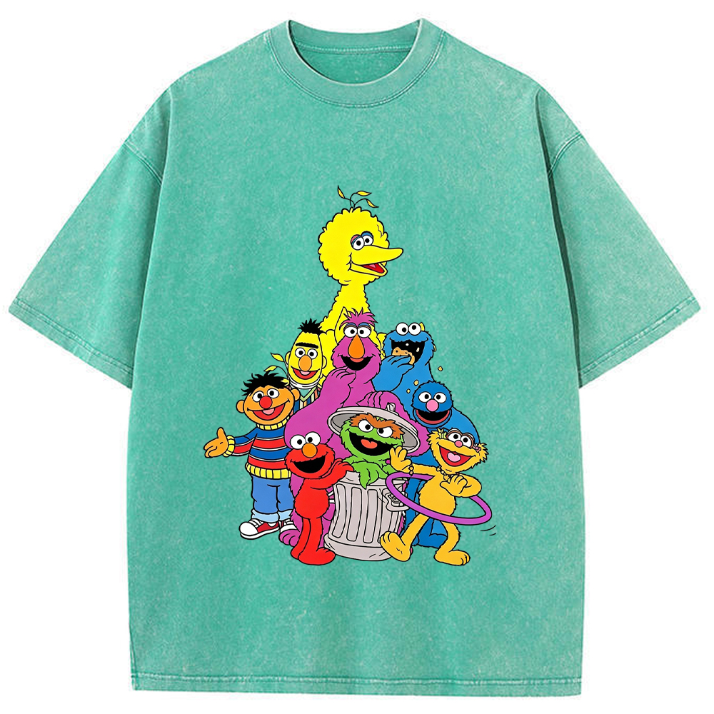 Group Portrait Sesame Street Crew Stacked Character Group Shot Cartoon Tee
