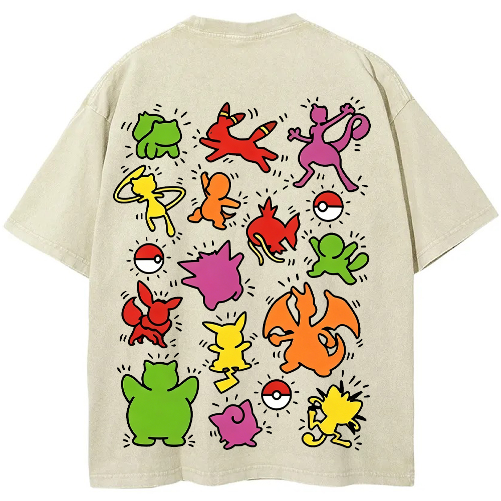 Multi Pokemon Silhouette Vintage Washed Back Print Tee | Pokemon Anime