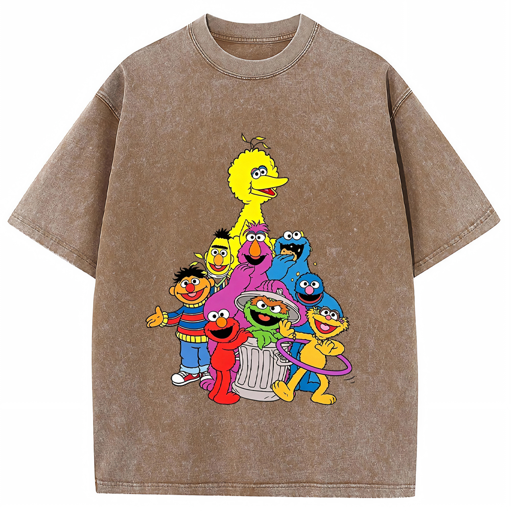 Group Portrait Sesame Street Crew Stacked Character Group Shot Cartoon Tee