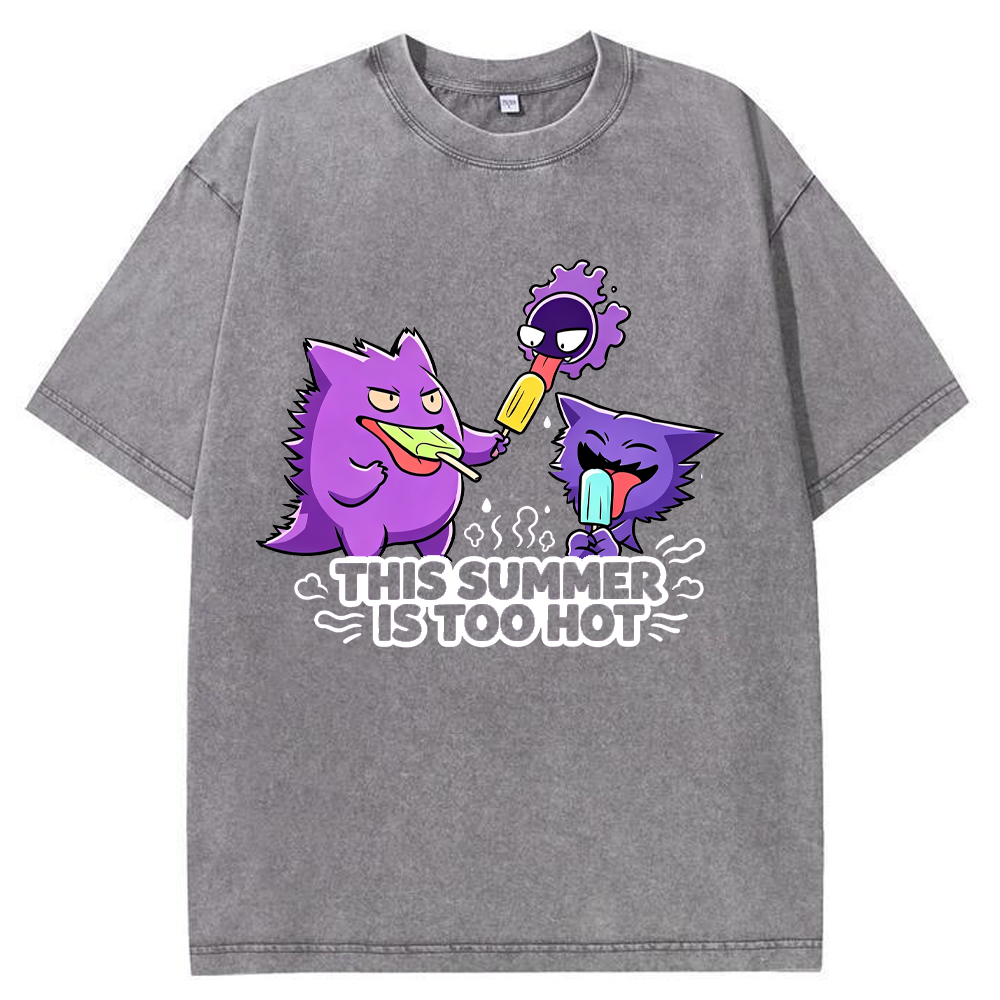 Parent & Kid Gengar Evolution Line Eating Ice Cream Vintage Washed T-Shirt
