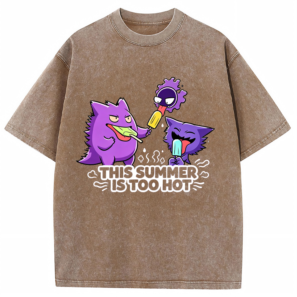 Parent & Kid Gengar Evolution Line Eating Ice Cream Vintage Washed T-Shirt