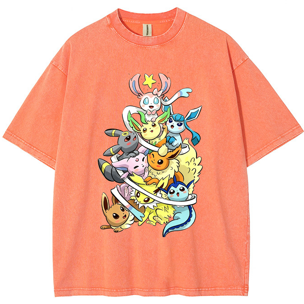 Stacked Chibi Party Eevee Evolution Group Cartoon Tee | Pokemon Anime