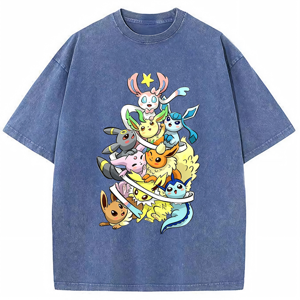Stacked Chibi Party Eevee Evolution Group Cartoon Tee | Pokemon Anime