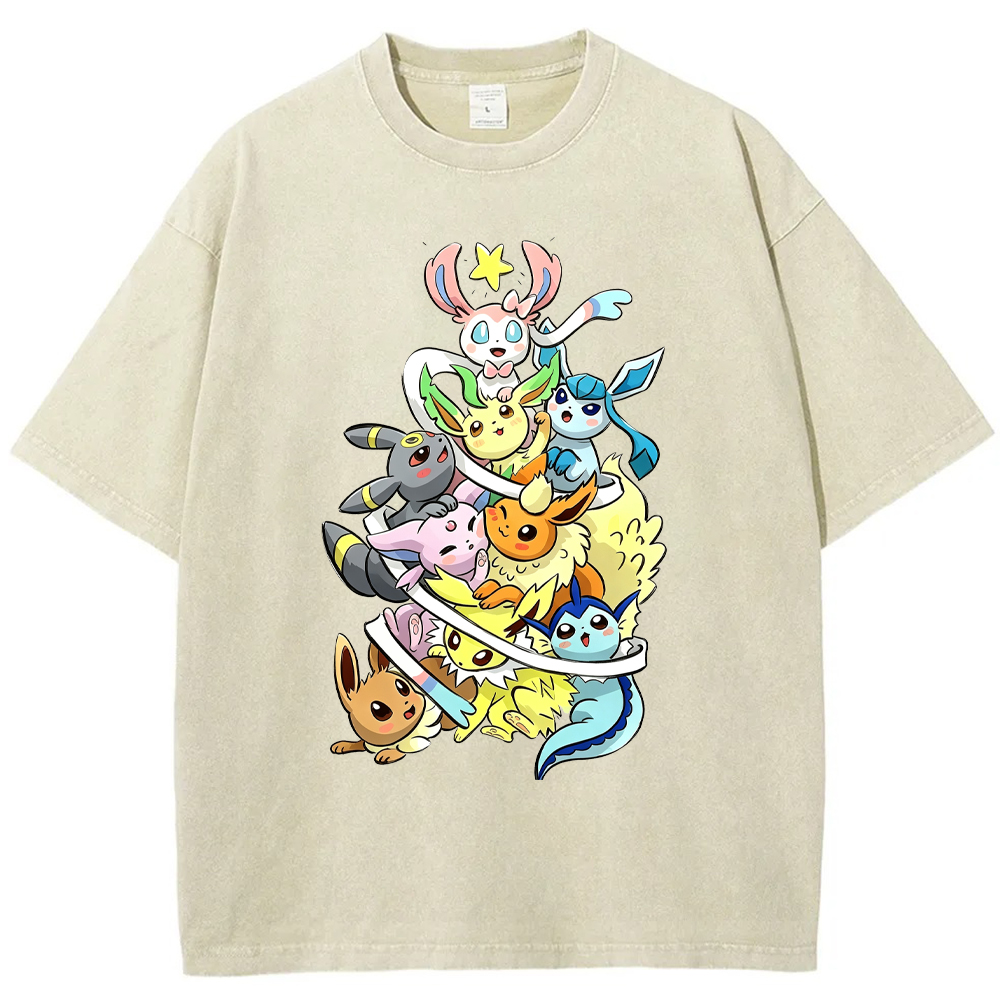 Stacked Chibi Party Eevee Evolution Group Cartoon Tee | Pokemon Anime