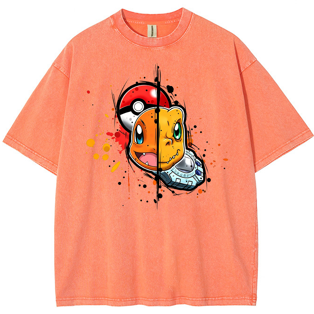 Cute Split‑Face Charmander Cartoon Tee | Pokemon Anime