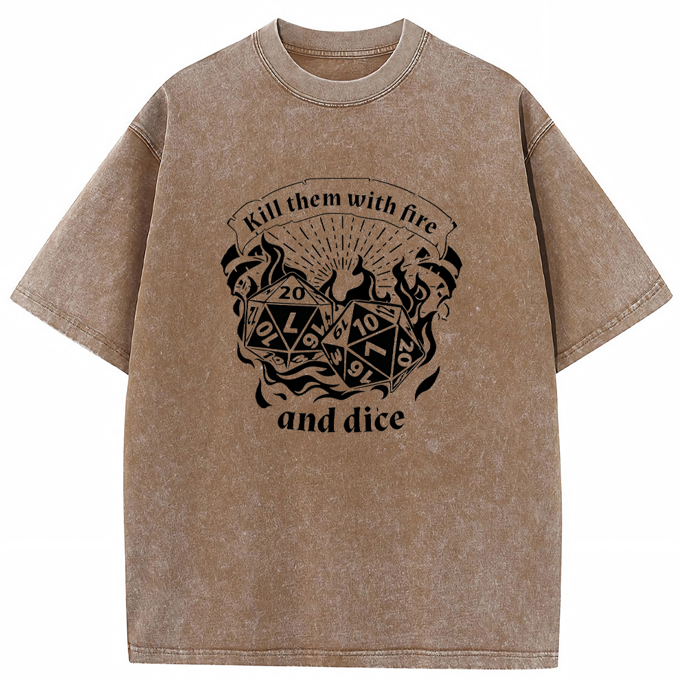 DnD Mage D20 Dice Pair Fire Scroll Quote Vintage Line Art Cartoon Tee