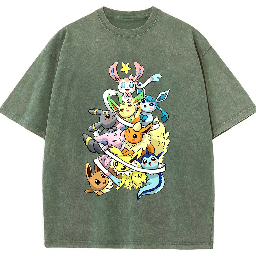 Stacked Chibi Party Eevee Evolution Group Cartoon Tee | Pokemon Anime