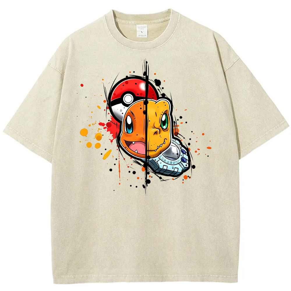 Cute Split‑Face Charmander Cartoon Tee | Pokemon Anime
