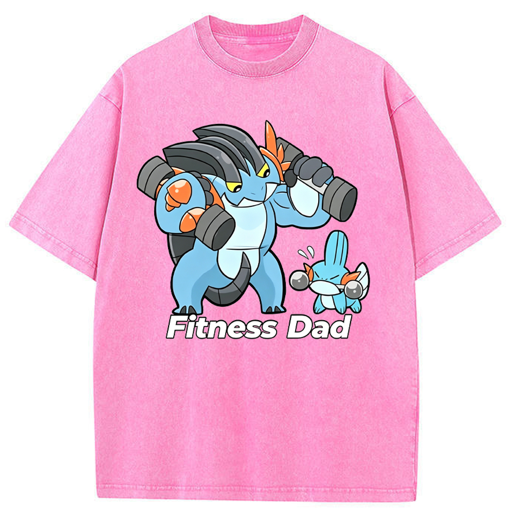 Fitness Dad Marshtomp Mudkip Gym Cartoon Vintage Washed T-Shirt