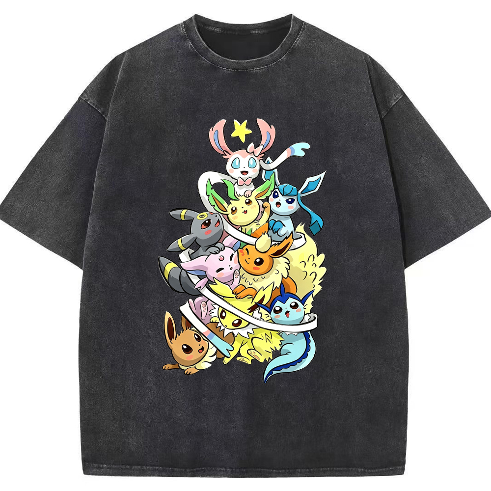 Stacked Chibi Party Eevee Evolution Group Cartoon Tee | Pokemon Anime