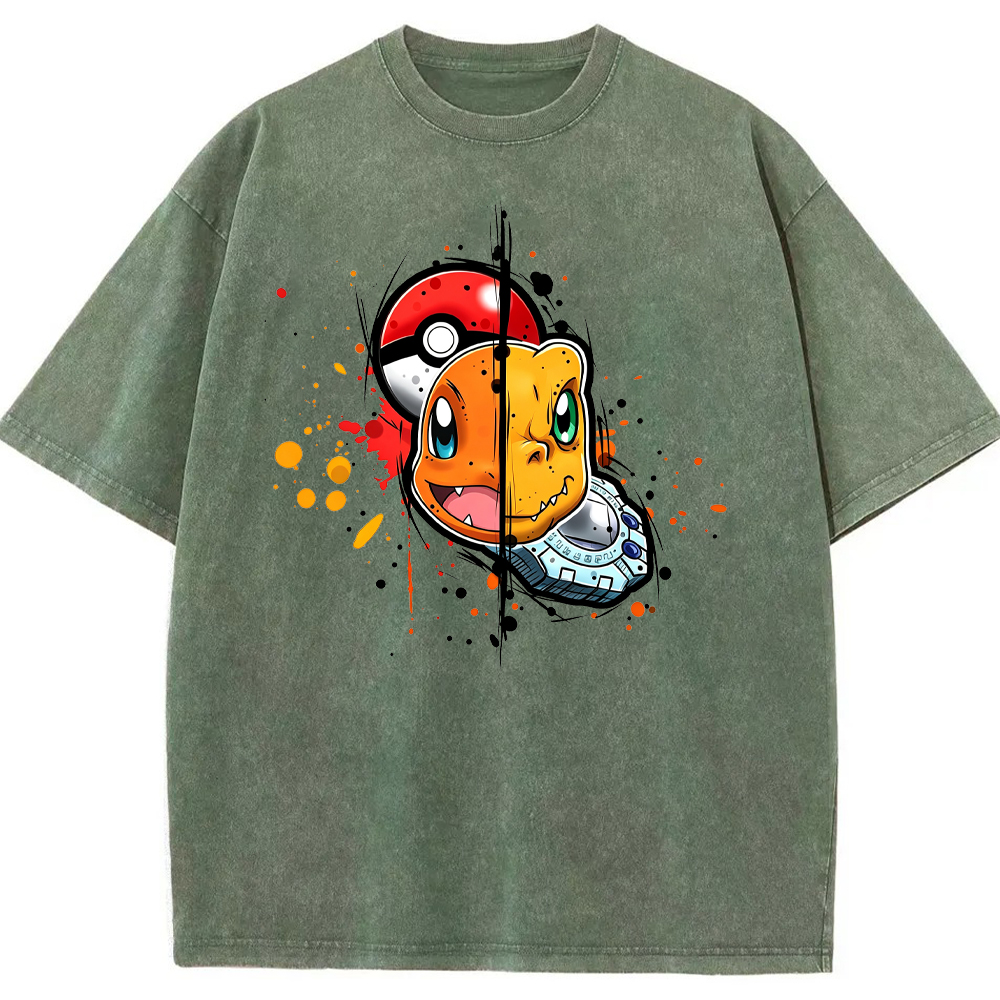 Cute Split‑Face Charmander Cartoon Tee | Pokemon Anime