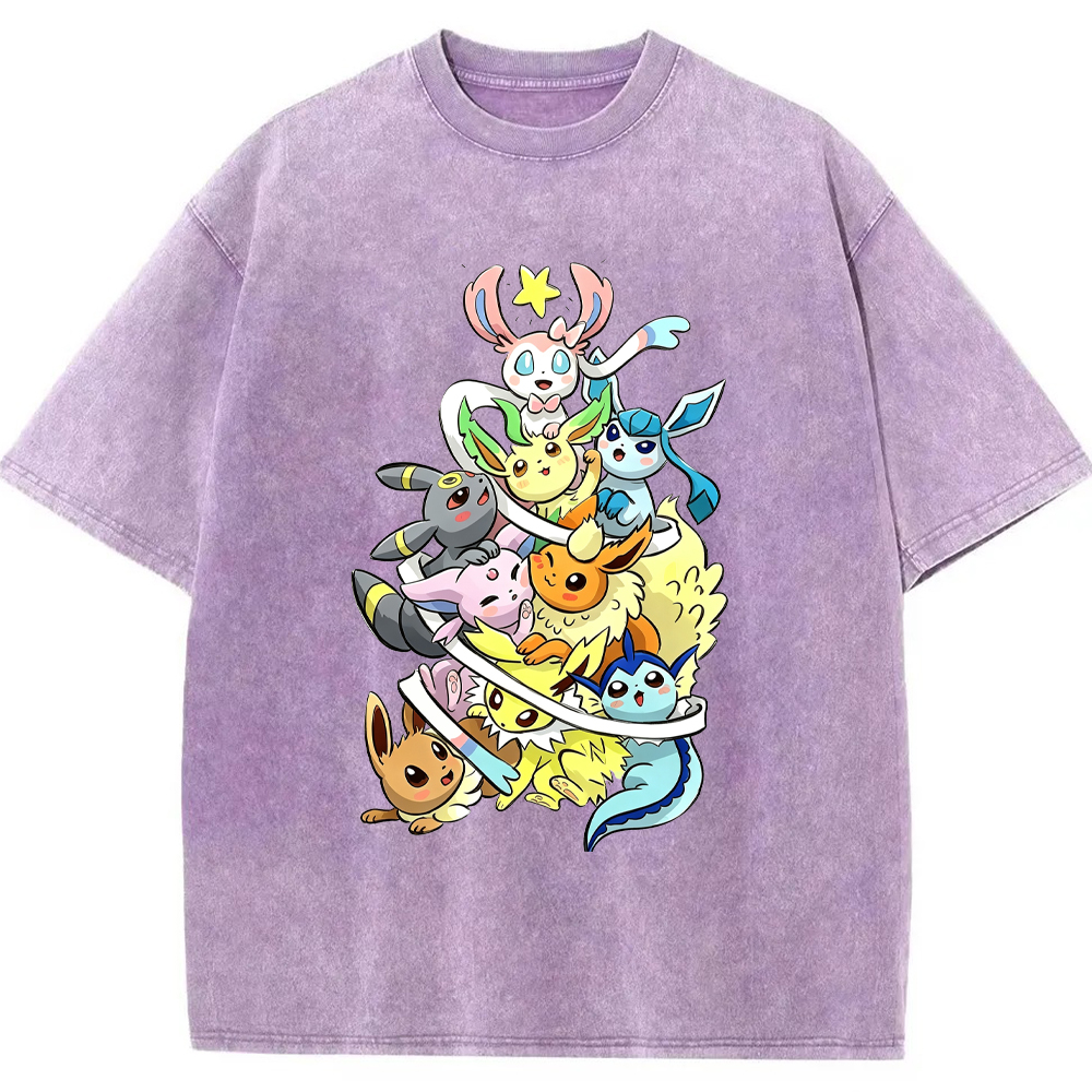 Stacked Chibi Party Eevee Evolution Group Cartoon Tee | Pokemon Anime