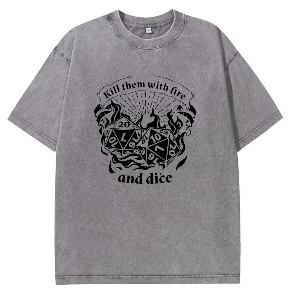 DnD Mage D20 Dice Pair Fire Scroll Quote Vintage Line Art Cartoon Tee