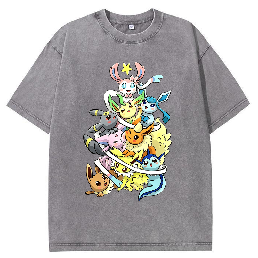 Stacked Chibi Party Eevee Evolution Group Cartoon Tee | Pokemon Anime