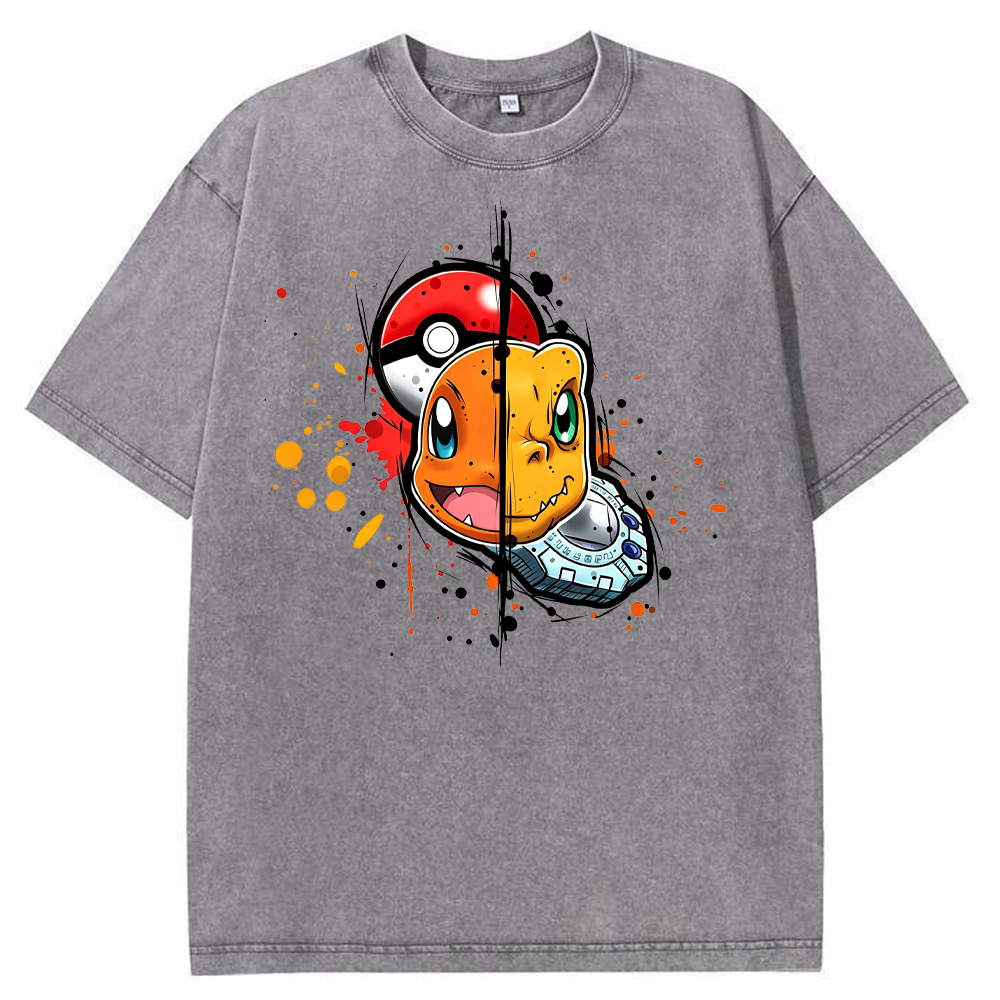Cute Split‑Face Charmander Cartoon Tee | Pokemon Anime