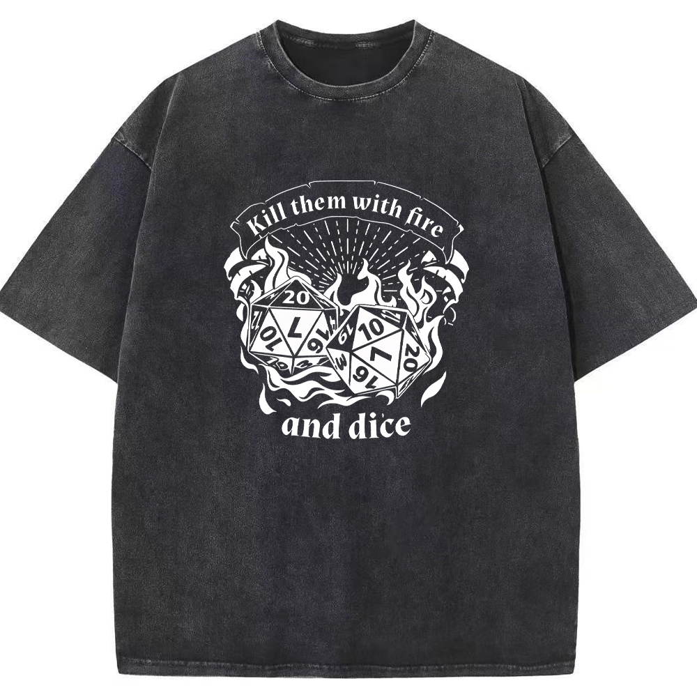 DnD Mage D20 Dice Pair Fire Scroll Quote Vintage Line Art Cartoon Tee