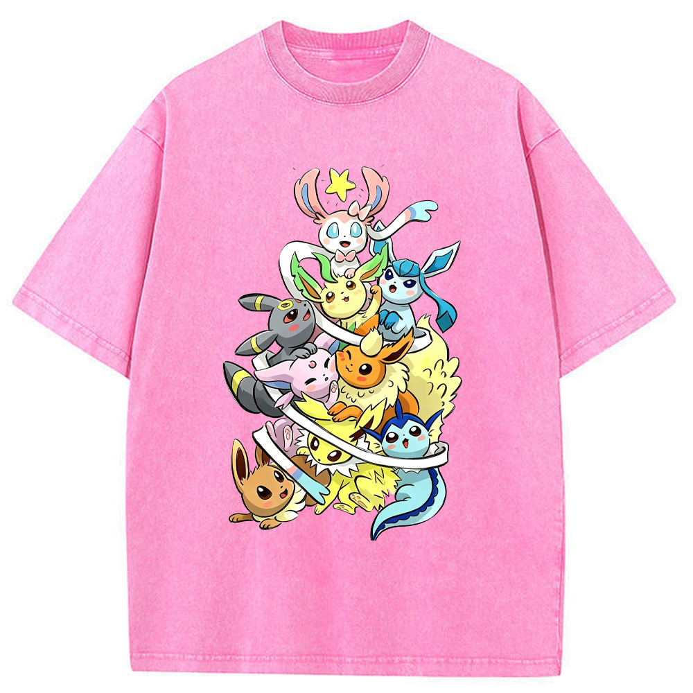 Stacked Chibi Party Eevee Evolution Group Cartoon Tee | Pokemon Anime