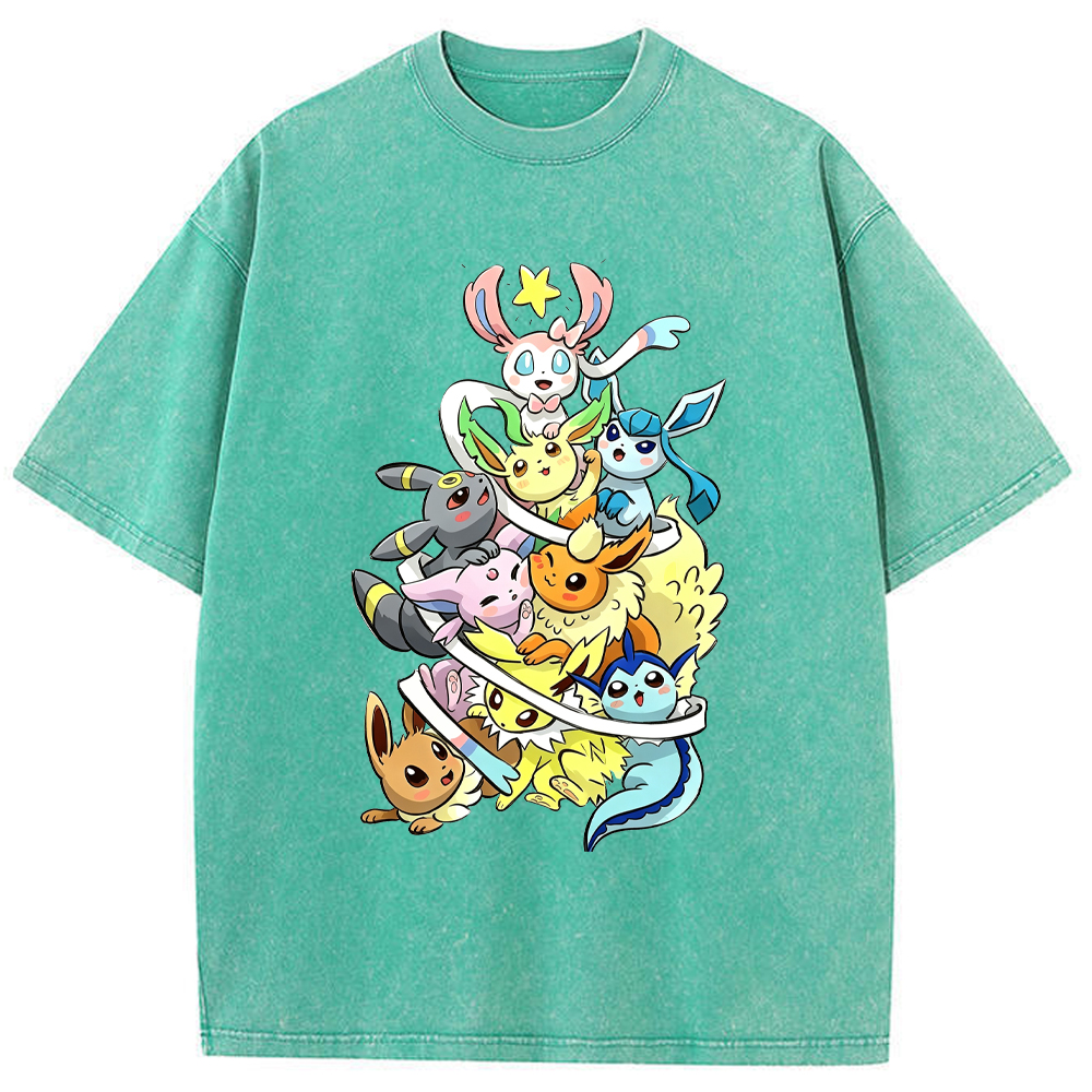 Stacked Chibi Party Eevee Evolution Group Cartoon Tee | Pokemon Anime