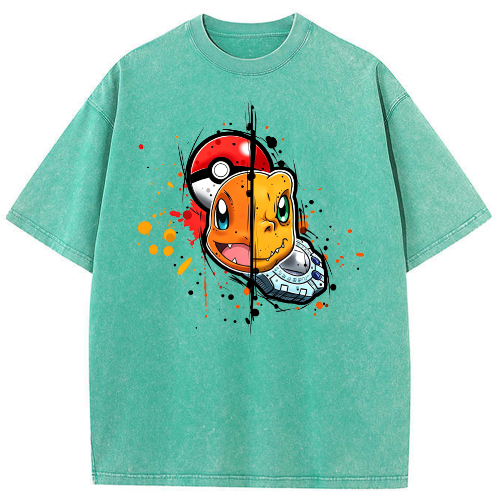 Cute Split‑Face Charmander Cartoon Tee | Pokemon Anime