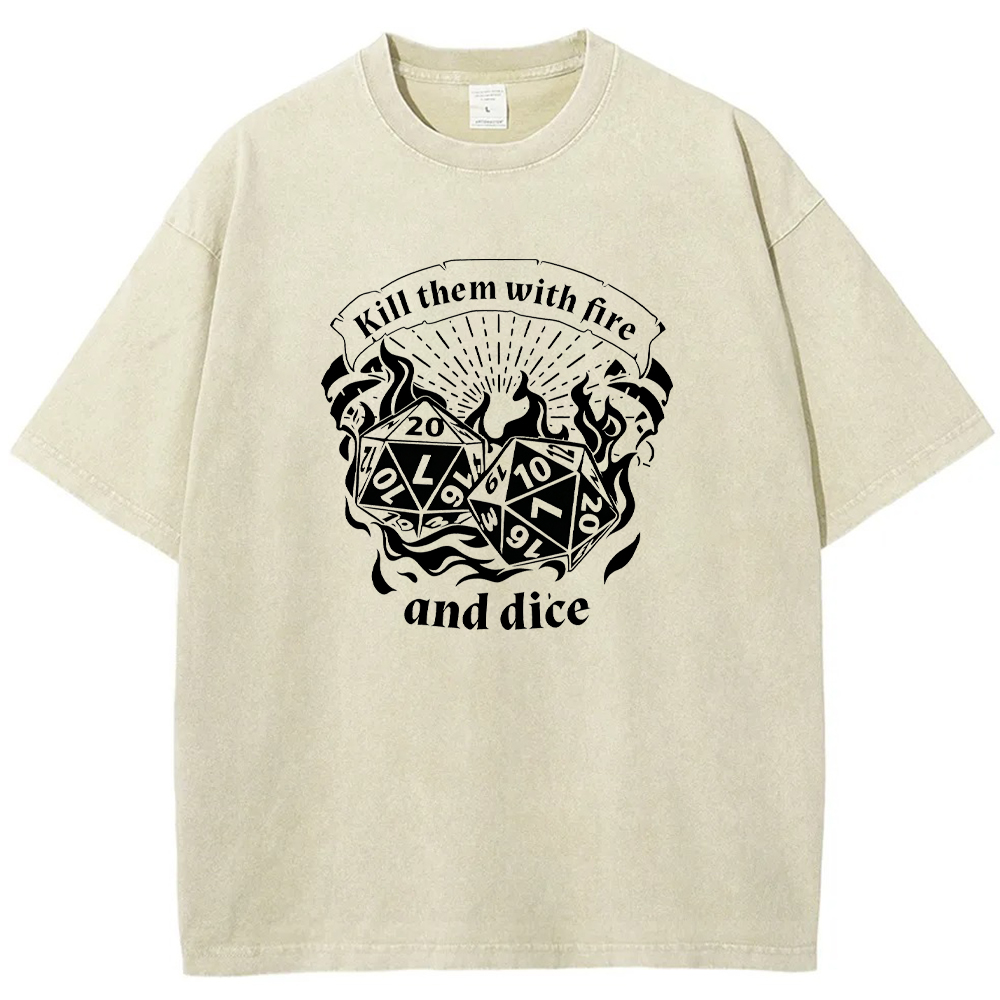 DnD Mage D20 Dice Pair Fire Scroll Quote Vintage Line Art Cartoon Tee