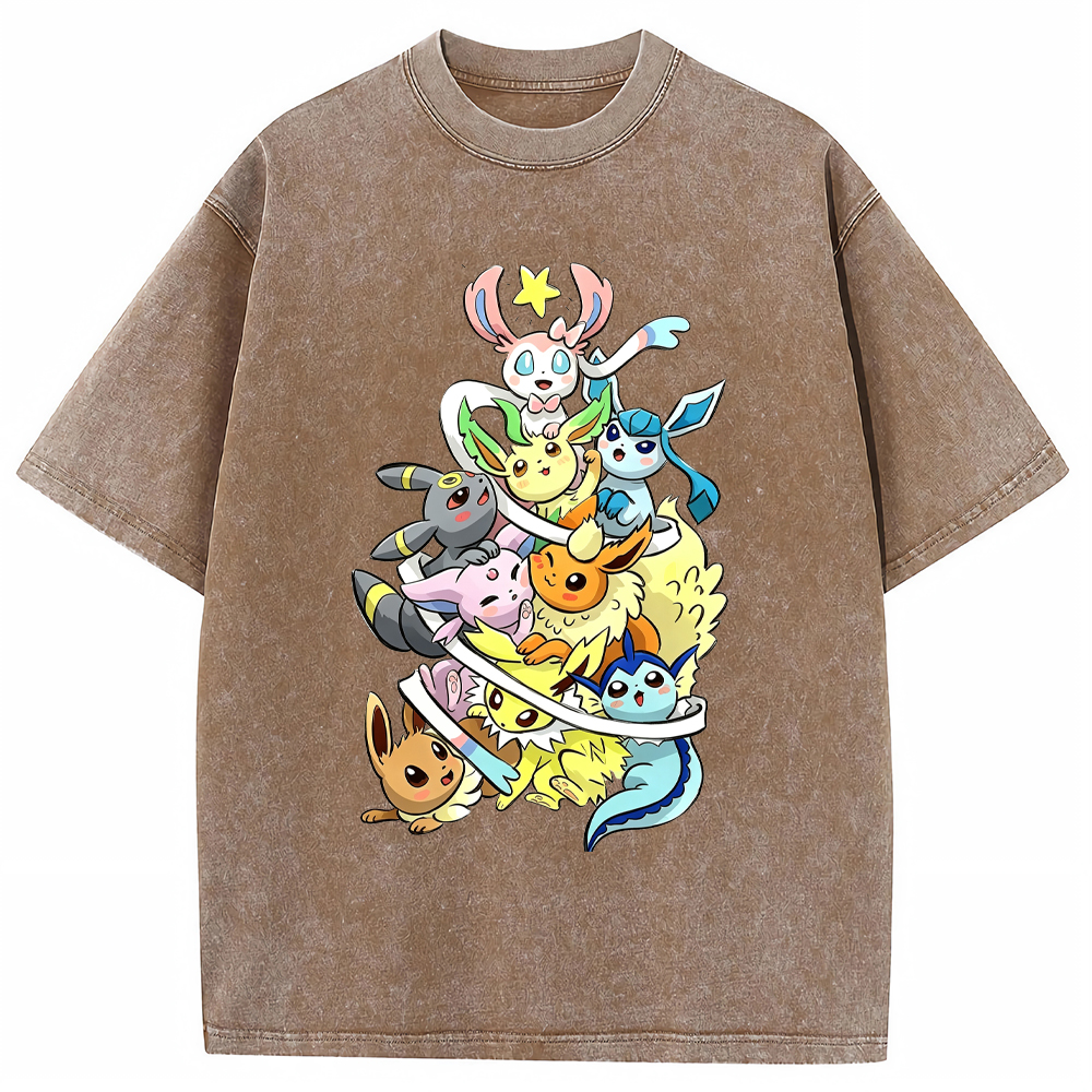 Stacked Chibi Party Eevee Evolution Group Cartoon Tee | Pokemon Anime